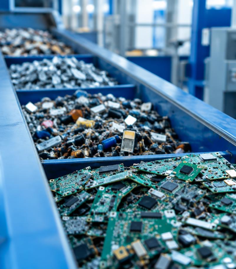 Sorted electronic components moving along a recycling conveyor